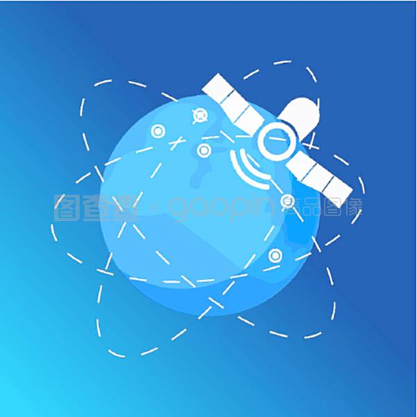 全球连接矢量,卫星与行星在空间漂浮,平面式。蜂窝通信和互联网服务,现代电信。卫星与地球仪与线路,全球服务